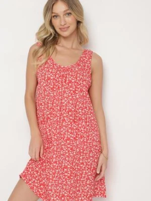 Czerwona Sukienka w Kwiaty o Rozkloszowanym Kroju na Szerokich Ramiączkach Folarelle defox