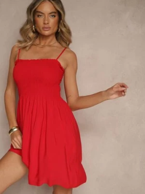 Czerwona Sukienka z Bawełny na Ramiączkach o Rozkloszowanym Kroju z Marszczoną Górą Christten defox