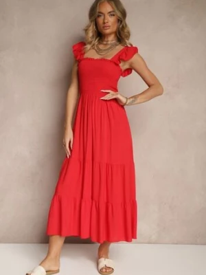 Czerwona Sukienka z Bawełny na Ramiączkach Ozdobiona Falbanami i Gumkami Mevalys