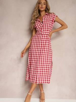 Czerwona Sukienka z Bawełny o Kroju Koszulowym w Kratę z Paskiem w Talii Revatia rosa