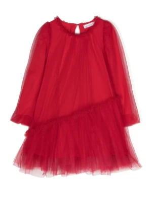 Czerwona Sukienka z Bawełny z Nakładką z Tiulu Monnalisa