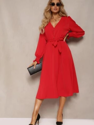 Czerwona Sukienka z Bufiastym Rękawem i Wiązanym Paskiem Corrine lily rose