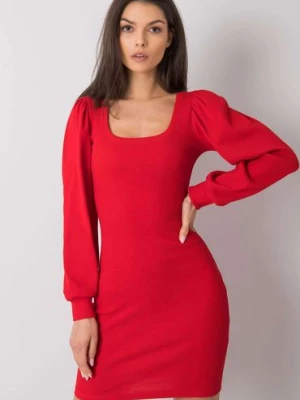 Czerwona sukienka z długimi bufiastymi rękawami RUE PARIS