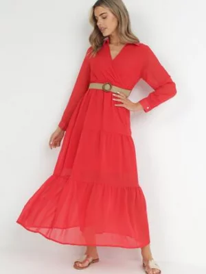 Czerwona Sukienka z Kopertowym Dekoltem i Plecionym Paskiem Dirmi