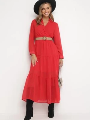 Czerwona Sukienka z Kopertowym Dekoltem i Plecionym Paskiem Dirmi rosa