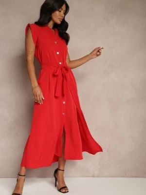 Czerwona Sukienka z Paskiem Koszulowa o Rozkloszowanym Fasonie Mavoselle allyson