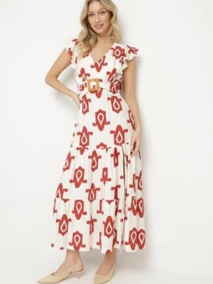 Biało-Czerwona Sukienka z Wiskozy Ozdobiona Paskiem z Klamrą i Geometrycznym Wzorem Orivana rosa