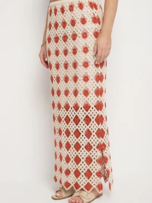 Czerwona Szydełkowa Spódnica o Ołówkowym Kroju z Gumką w Pasie Banollia rosa
