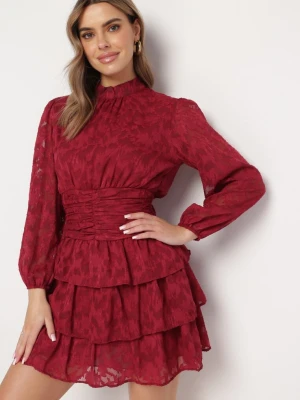 Czerwona Taliowana Sukienka Mini Koronkowa z Falbankami Ciluna Retro & Icone