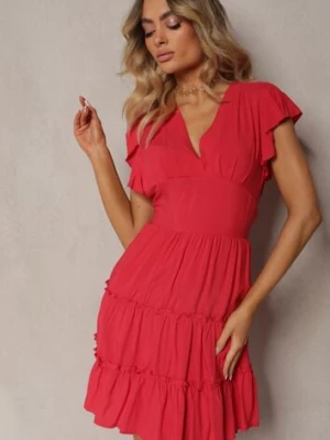 Czerwona Taliowana Sukienka Mini Ozdobiona Falbankami Salleni