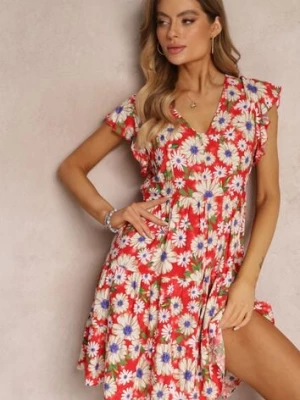 Czerwona Taliowana Sukienka Mini w Kwiaty z Gumką w Talii Teziovi cflo