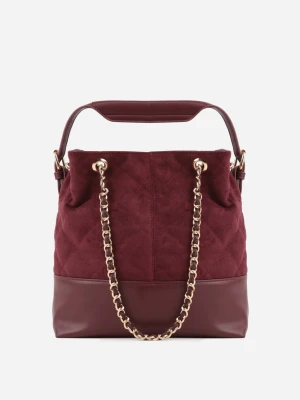 Czerwona Torebka Bucket Bag z Przeszyciami w Romby z Rączką i Uchwytami z Łańcuszkiem Denidora Caely