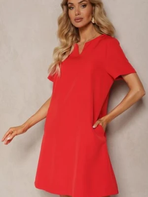 Czerwona Trapezowa Sukienka Mini z Krótkim Rękawem i Kieszeniami Vrea new collection