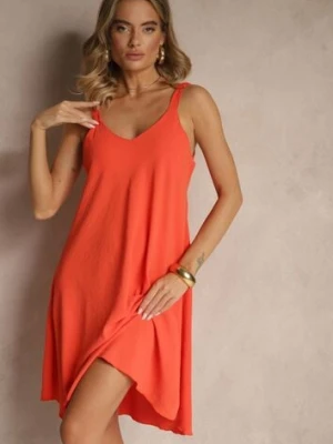 Czerwona Trapezowa Sukienka z Wiskozy na Ramiączkach z Dekoltem w Serek Folianne cflo