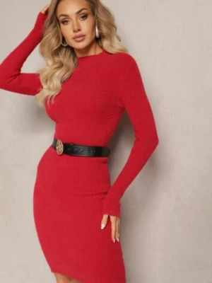 Czerwona Wełniana Sukienka Midi Prążkowana z Półgolfem Sebhatta j&x
