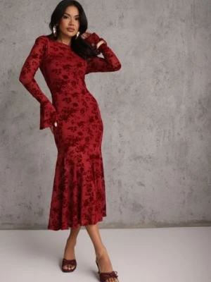 Czerwona Wieczorowa Sukienka VICES z Siateczki z Kwiatowym Wzorem z Weluru Azinene