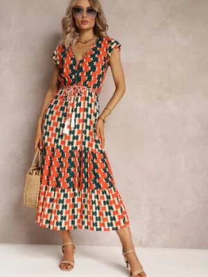 Pomarańczowa Wiskozowa Sukienka Maxi z Gumką w Talii i Falbankami przy Ramionach Baldise