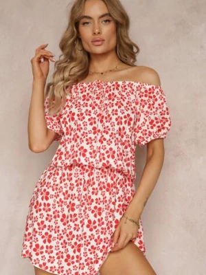 Czerwona Wiskozowa Sukienka Mini Hiszpanka z Gumką w Pasie Bradite j&x