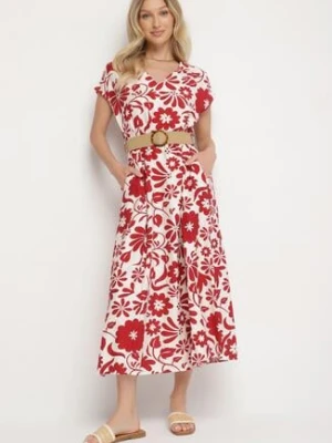 Czerwona Wiskozowa Sukienka o Rozkloszowanym Kroju z Ozdobnym Paskiem z Klamrą Zarolena rosa