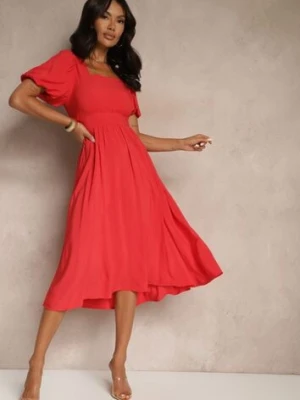 Czerwona Wiskozowa Sukienka Ozdobiona Kwadratowym Dekoltem Deviselle