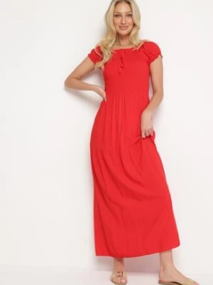 Czerwona Wiskozowa Sukienka Typu Hiszpanka z Marszczoną Górą Moalle