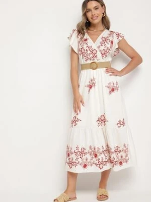 Biało-Czerwona Wiskozowa Sukienka z Kopertowym Dekoltem i Paskiem Nilazea rosa