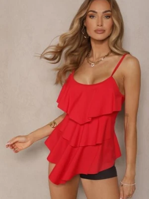 Czerwone Bikini Majtki w Stylu Szortów i Góra z Falbankami Kinerisela