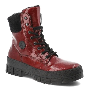 Czerwone Botki Rieker Lakierowane Buty Damskie
