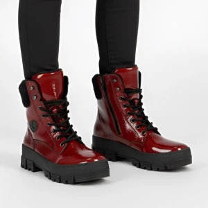 Czerwone Botki Rieker Lakierowane Buty Damskie
