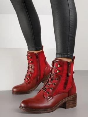 Bordowo-Czerwone Botki Trzewiki na Klockowym Obcasie Zdobione Suwakiem Salittea lady glory