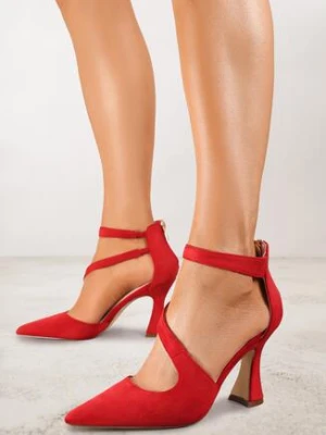 Czerwone Czółenka na Stożkowym Obcasie z Ozdobnymi Paskami Rorila