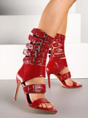 Czerwone Sandały Botki na Obcasie Zdobione Paskami ze Sprzączkami Idamirea tulipano