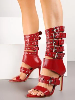 Czerwone Sandały Botki na Szpilce z Ozdobnymi Paskami z Klamrami Idavella tulipano