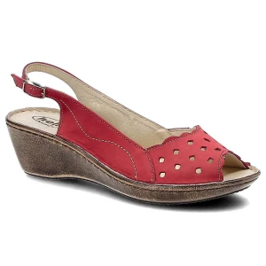 Czerwone Sandały Helios Wygodne Buty Damskie Na Koturnie