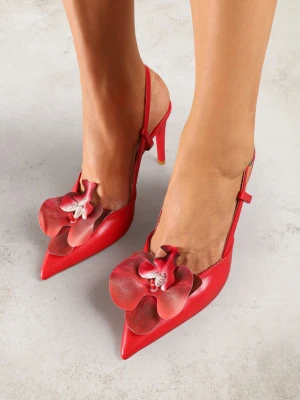 Czerwone Sandały na Szpilce Vices Slingback z Kwiatem 3D Koviano