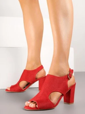 Czerwone Sandały Vices na Słupkowym Obcasie z Ażurową Cholewką i Skórzaną Wkładką Obenea