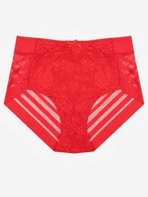 Czerwone Siateczkowe Majtki Figi High Waist z Koronkowymi Zdobieniami Heylih