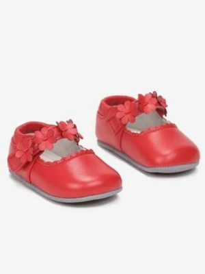 Czerwone Skórzane Balerinki na Płaskiej Podeszwie z Rzepem i Paskiem z Kwiatkami Nodeie