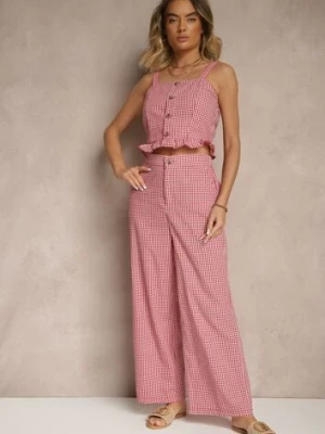 Czerwone Spodnie z Bawełny w Kratkę Vichy z Szeroką Nogawką Iffele rosa