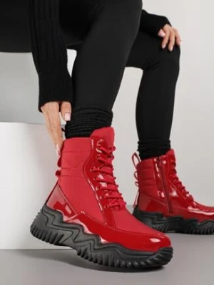 Czerwone Sznurowane Śniegowce VICES z Lakierowanymi Wstawkami i Tłoczeniami Reisanna
