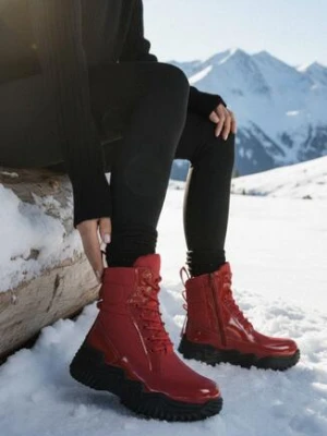 Czerwone Sznurowane Śniegowce VICES z Lakierowanymi Wstawkami i Tłoczeniami Reisanna