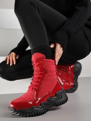 Czerwone Sznurowane Śniegowce VICES z Lakierowanymi Wstawkami i Tłoczeniami Reisanna