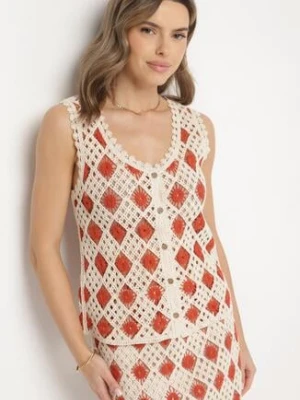 Czerwono-Beżowa Kamizelka Szydełkowa z Dekoltem w Serek Banisella rosa