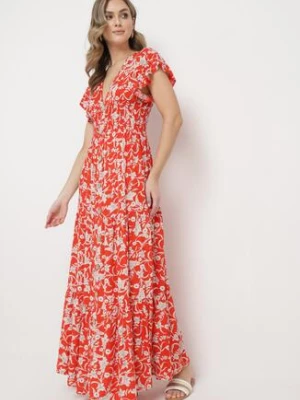 Czerwono-Beżowa Sukienka Maxi w Kwiaty z Falowanymi Rękawkami i Gumką w Talii Mulanitti