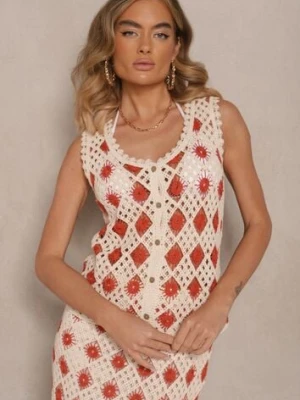 Czerwono-Beżowa Szydełkowa Kamizelka z Dekoltem w Kształcie Litery V Banavia rosa