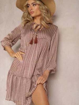 Czerwono-Beżowa Trapezowa Sukienka z Chwostami i Rozkloszowanym Dołem Bleva rosa