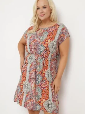 Czerwono-Beżowa Wiskozowa Sukienka w Stylu Boho o Pudełkowym Kroju z Materiałowym Paskiem Neteri j&x