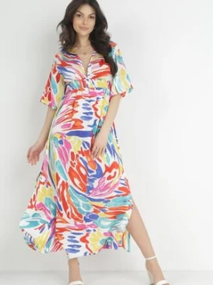 Czerwono-Biała Sukienka z Rozcięciem i Fantazyjnym Nadrukiem Nomist retro & icone