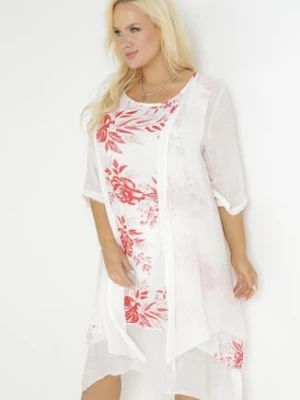 Czerwono-Biała Trapezowa Sukienka Midi z Bawełny w Kwiaty i Narzutka Elephira j&x