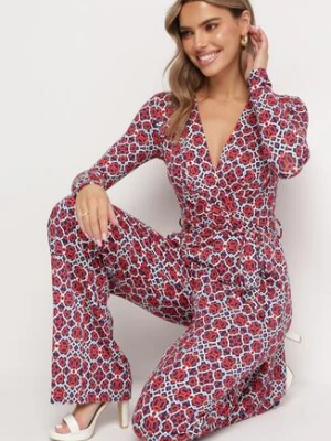 Czerwono-Biały Wzorzysty Kombinezon z Długim Rękawem i Szerokimi Spodniami z Wiązaniem w Pasie Vilati by swan